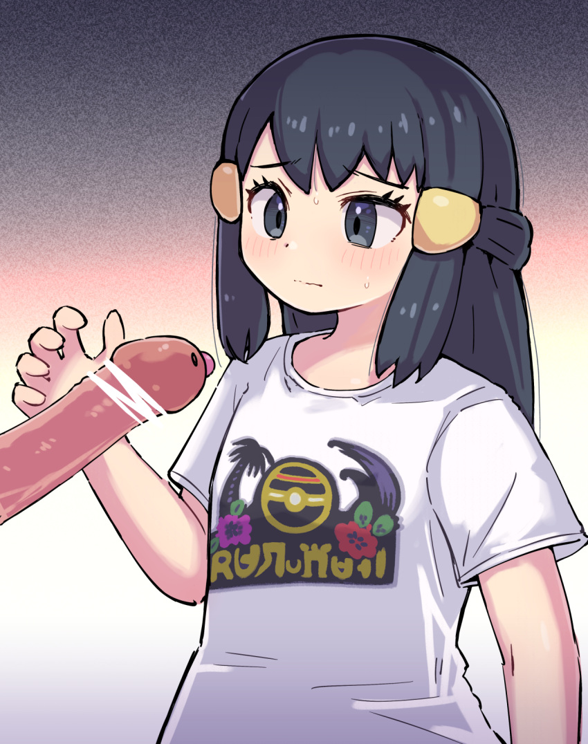 1girl akari_(pokemon) bar_censor black_hair blush censored character_censor closed_mouth commentary_request diglett eyelashes grey_eyes hair_ornament hairclip hand_up highres kutabireta_neko long_hair looking_down novelty_censor penis pokemon pokemon_legends:_arceus print_shirt raised_eyebrows shirt short_sleeves sidelocks sweat t-shirt upper_body white_shirt