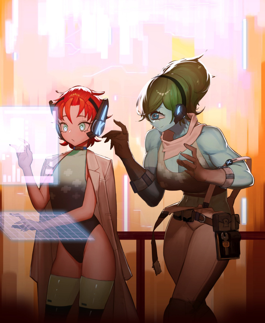 2girls abs aqua_eyes belt_pouch blue_choker blue_eyes blue_skin breasts brown_gloves choker cityscape coat colored_skin commentary commission cyclops english_commentary flat_chest ganet_p gloves green_hair green_tank_top hali_(kabooks) headset highres holographic_monitor holographic_touchscreen indie_virtual_youtuber jacket jacket_on_shoulders kabooks large_breasts long_hair monster_girl multiple_girls muscular muscular_female naughty_face neckerchief neon_trim one-eyed orange_hair overalls plus_sign ponytail pouch print_leotard second-party_source smile suspenders suspenders_slip tank_top thighhighs tool_belt trench_coat virtual_youtuber white_neckerchief white_overalls white_thighhighs wrench