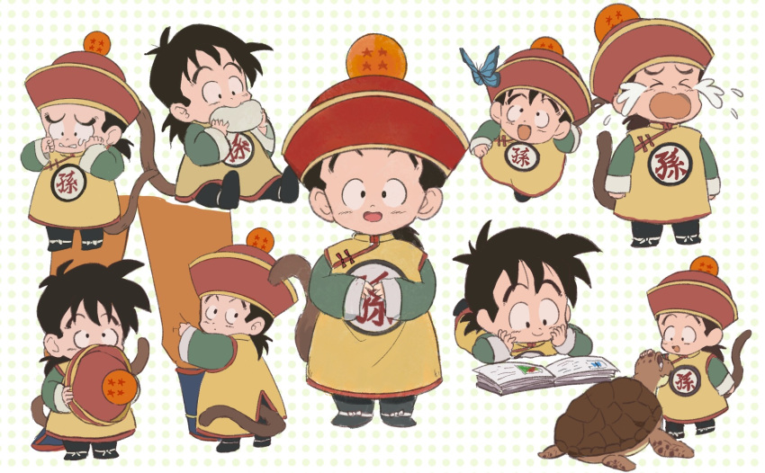&gt;_&lt; 2boys :d baozi black_eyes black_hair blue_butterfly book bug butterfly child closed_eyes closed_mouth crying dragon_ball dragon_ball_(object) dragon_ball_z eating food food_in_mouth hat highres holding holding_clothes holding_food holding_hat hugging_another's_leg j_ooey long_hair long_sleeves looking_at_another looking_at_viewer low_ponytail lying male_focus monkey_tail multiple_boys multiple_views on_stomach open_book open_mouth orange_pants pants polka_dot polka_dot_background ponytail raised_eyebrows red_headwear running simple_background sleeves_past_wrists smile son_gohan son_goku tail tears turtle umigame_(dragon_ball) unworn_hat unworn_headwear white_background wide_sleeves