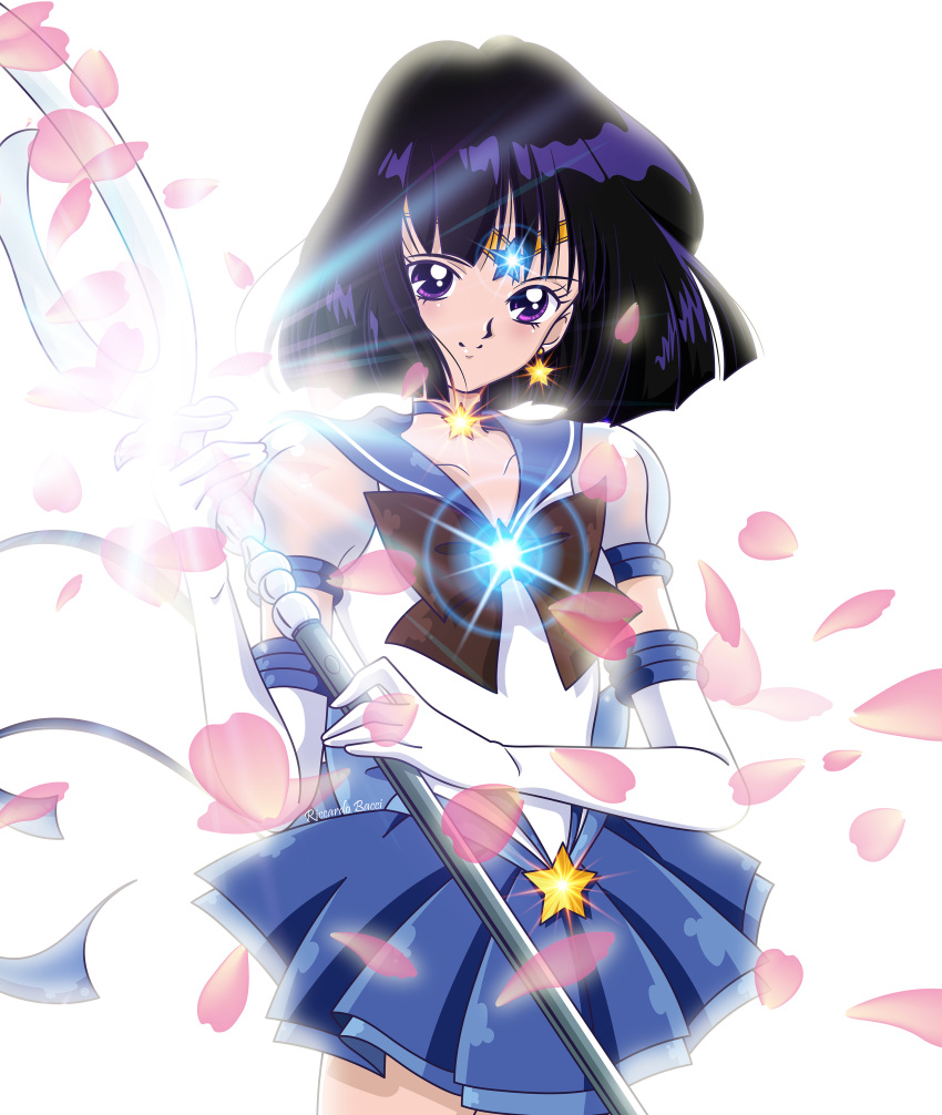 1girl absurdres back_bow bishoujo_senshi_sailor_moon bishoujo_senshi_sailor_moon_crystal black_hair blue_bow blue_choker blue_ribbon blue_sailor_collar blue_skirt bow brooch brown_bow choker circlet closed_mouth cowboy_shot earrings elbow_gloves gloves highres holding holding_polearm holding_weapon jewelry layered_skirt looking_at_viewer petals pleated_skirt polearm puffy_sleeves purple_eyes ribbon riccardo_bacci sailor_collar sailor_saturn sailor_senshi_uniform see-through see-through_sleeves short_hair silence_glaive simple_background skirt smile solo standing star_(symbol) star_brooch star_choker star_earrings super_sailor_saturn_(stars) tomoe_hotaru weapon white_background white_gloves