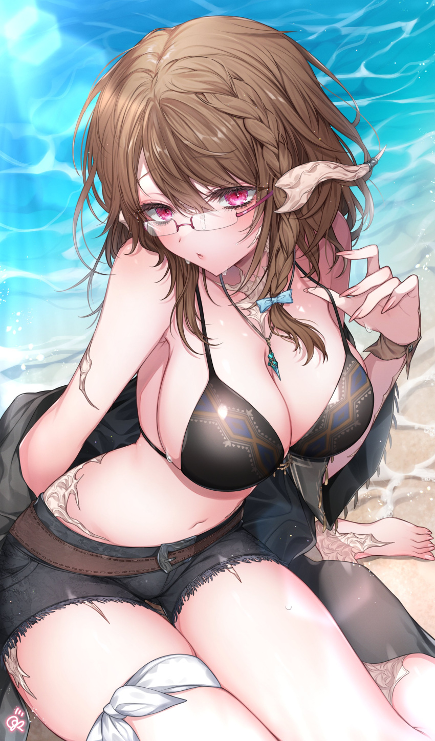 1girl :o absurdres au_ra beach belt bikini bikini_top_only bikini_top_pull black_bikini black_jacket black_shorts braid breasts brown_hair cleavage denim denim_shorts dragon_horns eyebrows_hidden_by_hair final_fantasy final_fantasy_xiv glasses hair_between_eyes hair_ribbon highres horns jacket jewelry kcc_9646 large_breasts looking_at_viewer medium_hair necklace ocean pink_eyes pulled_by_self ribbon scales shorts sitting solo swimsuit thigh_strap wariza warrior_of_light_(ff14) water_drop wet wet_clothes wet_swimsuit