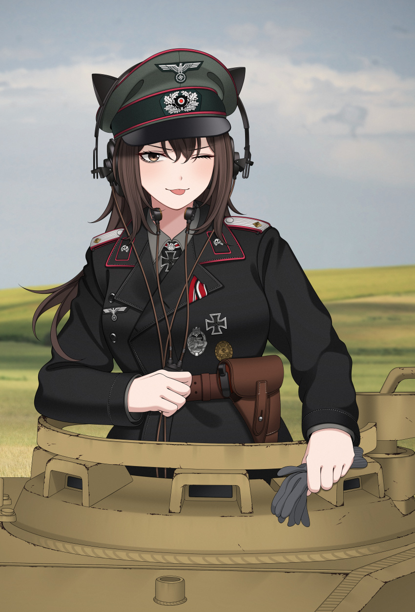 1girl absurdres animal_ears black_gloves black_jacket brown_eyes brown_hair cat_ears cross gloves highres iron_cross jacket keiita military_uniform military_vehicle motor_vehicle original reichsadler solo swastika tank tiger_i tongue tongue_out totenkopf uniform unworn_gloves wehrmacht world_war_ii