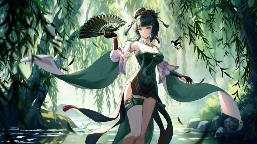 1girl bamboo_print bare_legs bare_shoulders bird black_gloves blunt_bangs breasts bush chinese_clothes chinese_commentary chinese_hairpin cleavage commentary detached_sleeves dress earrings feet_out_of_frame folding_fan gloves green_dress green_hair green_theme hair_ornament hair_stick hairclip hairpin hand_fan hanying_(punishing:_gray_raven) high-low_skirt highres holding holding_fan jade_(gemstone) jewelry leaf lu_jia_yi_jy medium_breasts mole mole_under_eye multiple_hairpins necklace outdoors partially_fingerless_gloves pond print_dress punishing:_gray_raven red_eyes rock short_dress side_slit single_earring solo strapless strapless_dress swallow_(bird) tassel tassel_earrings tessen thigh_strap thighs tree updo war_fan willow