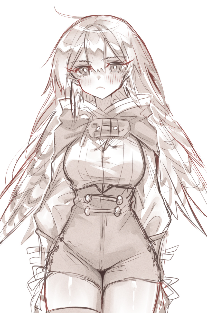1girl :&lt; absurdres arknights blush breasts buttons cape cowboy_shot fartooth_(arknights) feather_hair greyscale highres kaguura_(kagu) long_hair looking_at_viewer monochrome no_headwear no_helmet shirt shorts simple_background sketch small_breasts solo straight-on thighs white_background