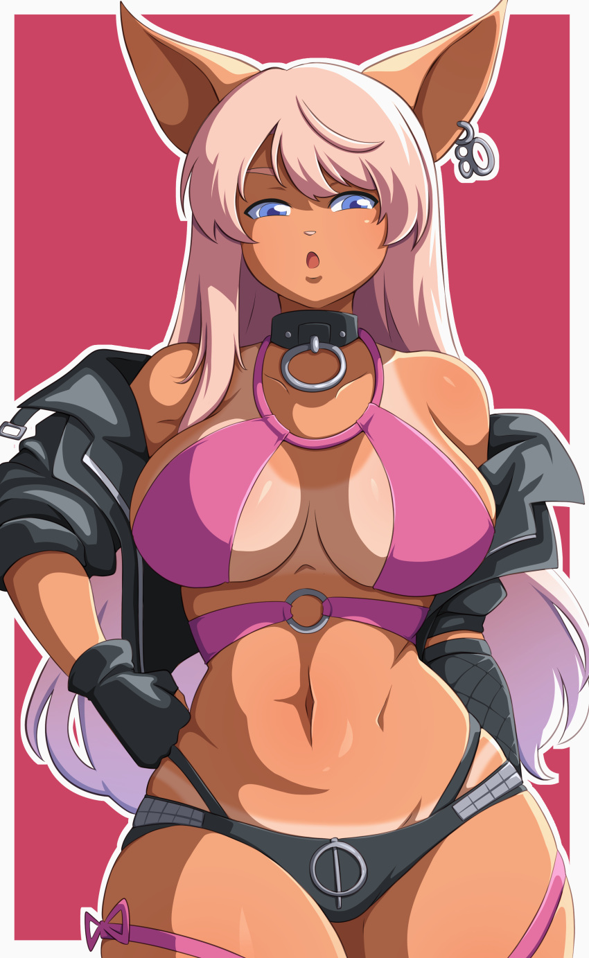 1girl absurdres aljune_art animal_ears black_gloves black_jacket blue_eyes breasts breasts_apart cowboy_shot gloves hand_on_own_hip highres jacket large_breasts long_hair looking_at_viewer micro_shorts navel o-ring open_clothes open_jacket open_mouth outline pig_ears pig_girl pink_hair red_background rose_(zaiyuki) shorts solo sun_wukong tan tanlines white_outline zaiyuki