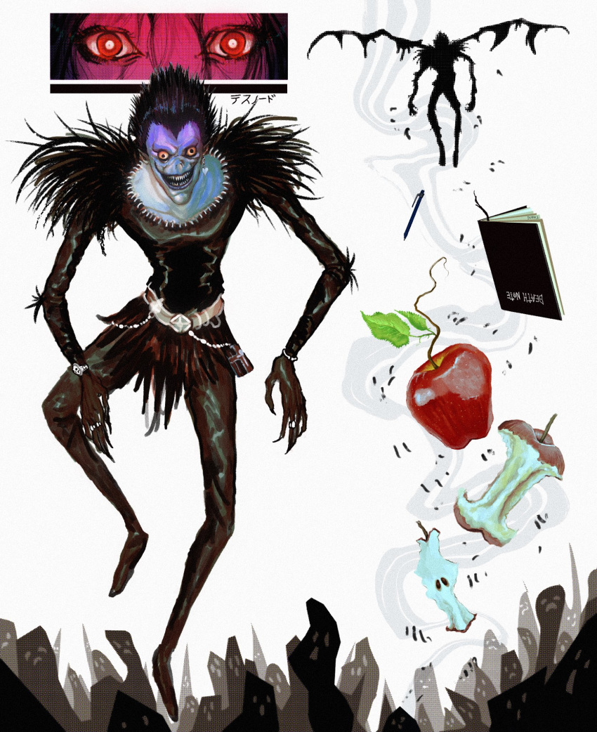 apple black_hair death_note death_note_(object) fangs food fruit full_body highres horror_(theme) jewelry open_mouth pen red_eyes ring ryuk shinigami svvshi white_background wings