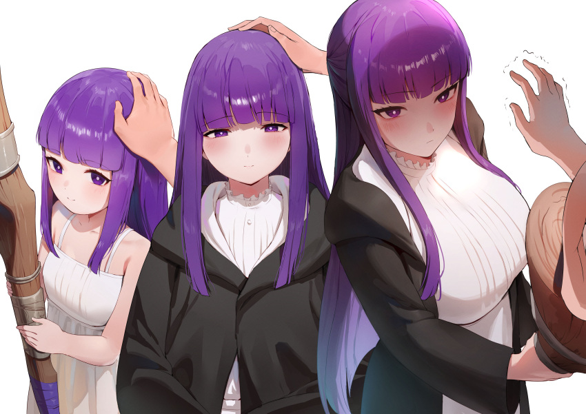1boy 1girl absurdres age_progression black_robe blunt_bangs blush breasts bright_pupils collage dress expressionless fern_(sousou_no_frieren) hand_on_another's_head hetero highres holding holding_staff huge_breasts looking_at_viewer pov pov_hands purple_eyes purple_hair robe rororo shaded_face sidelocks simple_background sleeveless sleeveless_dress small_breasts smile sousou_no_frieren staff trembling white_background white_dress white_pupils