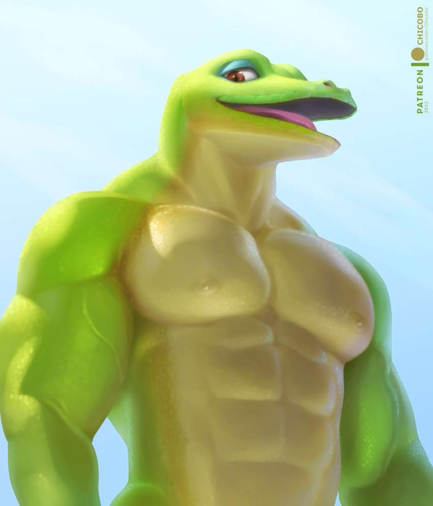 2022 6:7 abs anthro blue_background blue_body blue_eyelids blue_scales chicobo gecko green_body green_scales half-closed_eyes hi_res lizard looking_down male muscular muscular_anthro muscular_male narrowed_eyes nipples nude open_mouth orange_body orange_scales pinup pose pupils red_eyes reptile scales scalie simple_background slit_pupils smile solo tan_body tan_scales veiny_muscles yellow_body yellow_nipples yellow_scales