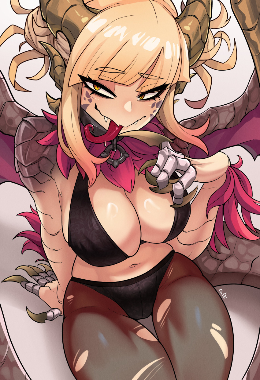 1girl absurdres arm_support black_panties blonde_hair boku_no_hero_academia breasts brown_pantyhose claws closed_mouth dragon_girl dragon_horns dragon_tail dragon_wings fangs fangs_out hand_up highres horns large_breasts long_hair long_tongue panties pantyhose scales shiny_skin simple_background sitting smile solo tail toga_himiko tongue tongue_out torn_clothes torn_pantyhose underwear unusualpie white_background wings yellow_eyes