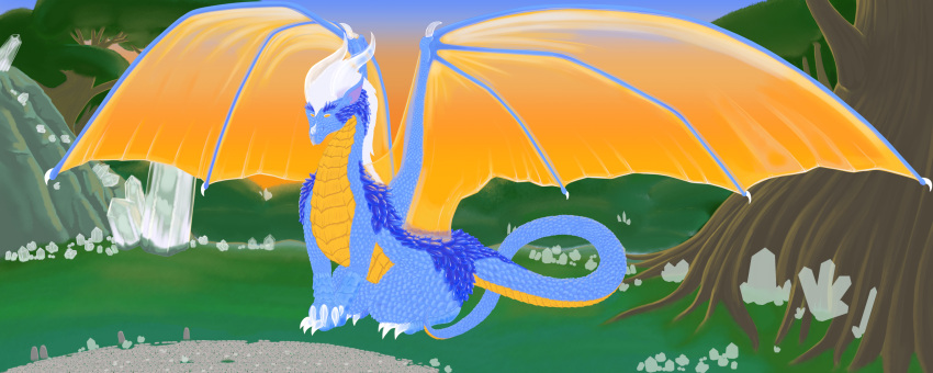 2019 2020 blue_body blue_scales claws cliff crystal dragon dungeons_and_dragons feywild forest forest_background glowing glowing_eyes hasbro hi_res horn k'sara large_wings long_tail membrane_(anatomy) membranous_wings mglblaze nature nature_background orange_body orange_scales outside plant plateau rock scales stone_floor sunset tail translucent translucent_body translucent_claws translucent_horn tree unfinished wings wizards_of_the_coast