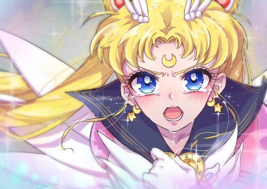 1girl 2023 absurdres angry bishoujo_senshi_sailor_moon bishoujo_senshi_sailor_moon_crystal blonde_hair blue_eyes blue_sailor_collar blush brooch crescent crescent_facial_mark crying crying_with_eyes_open double_bun earrings eternal_sailor_moon facial_mark forehead_mark gloves hair_bun hair_ornament heart heart_brooch highres jewelry long_hair looking_at_viewer magical_girl open_mouth parted_bangs poma123poma puffy_sleeves sailor_collar sailor_moon sailor_senshi_uniform see-through see-through_sleeves solo tears tsukino_usagi twintails upper_body watermark white_gloves white_wings wings