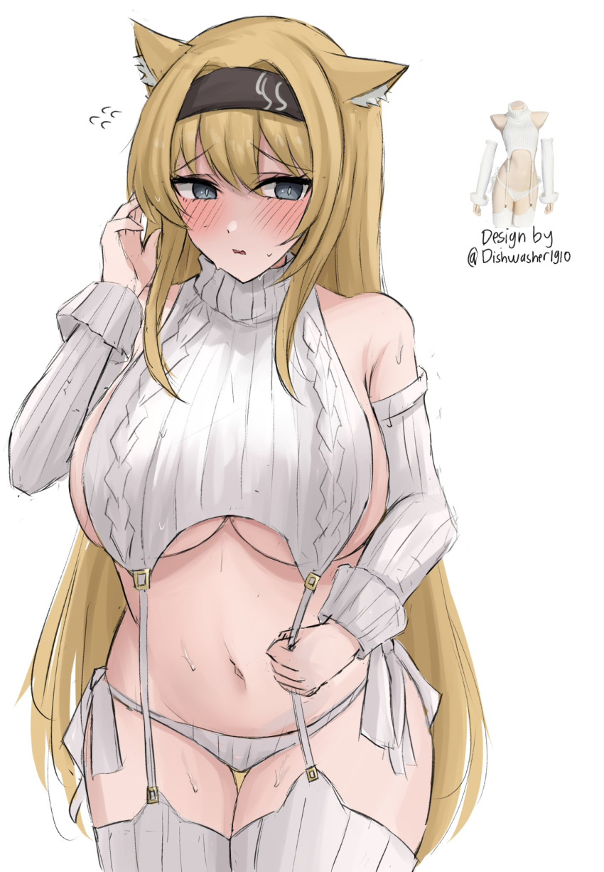 1girl animal_ear_fluff animal_ears arknights bare_shoulders black_hairband blonde_hair blush breasts cowboy_shot embarrassed grey_sweater hairband highres horn_(arknights) horns large_breasts long_hair meme_attire namikare navel parted_lips ribbed_sweater sideboob simple_background solo stomach sweat sweater thighhighs turtleneck turtleneck_sweater underboob very_long_hair virgin_killer_sweater white_background wolf_ears