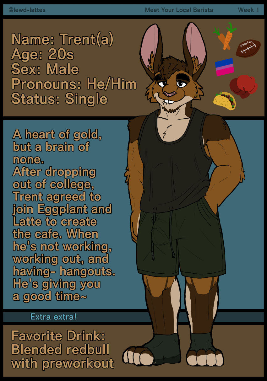 absurd_res anthro bedroom_eyes bisexual_pride_colors bite biting_lip bottomwear boxing_gloves brown_body brown_fur bulge carrot clothing food football_(disambiguation) fur hand_in_pocket handwear hi_res lagomorph leporid lewd_latte lgbt_pride male mammal narrowed_eyes plant pockets pride_colors rabbit seductive shirt shorts smile solo taco tank_top topwear vegetable