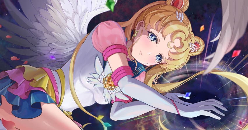 1girl absurdres angel_wings bishoujo_senshi_sailor_moon blonde_hair blue_eyes blue_sailor_collar blue_skirt blush brooch closed_mouth crescent crescent_facial_mark crying crying_with_eyes_open double_bun elbow_gloves eternal_sailor_moon facial_mark feathered_wings forehead_mark gloves hair_bun hair_ornament highres jewelry layered_skirt long_hair looking_at_viewer lying magical_girl manta_shinkai on_side pleated_skirt puffy_sleeves red_skirt sailor_collar sailor_moon sailor_senshi_uniform skirt solo star_seed_(sailor_moon) tears tsukino_usagi twintails white_gloves white_wings wings yellow_skirt