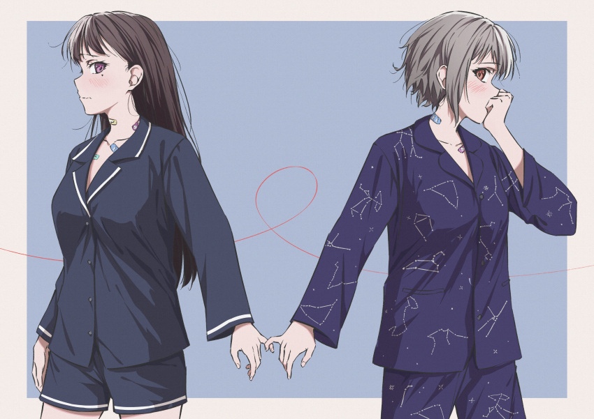 2girls absurdres bandaid bandaid_on_neck bang_dream! bang_dream!_it's_mygo!!!!! blue_pajamas blush border breasts brown_eyes brown_hair collarbone commentary constellation_print constellation_request covering_mouth cowboy_shot grey_hair highres light_blue_background long_hair looking_at_another looking_to_the_side mole mole_under_eye multiple_girls pajamas pinky_swear purple_eyes raito_taisha shiina_taki short_hair string string_of_fate takamatsu_tomori wavy_mouth white_border yuri