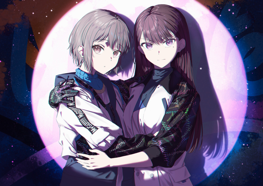 2girls :o :| absurdres bang_dream! bang_dream!_it's_mygo!!!!! brown_eyes brown_hair chromatic_aberration closed_mouth commentary gloves grey_hair highres hug jacket light_particles long_hair looking_at_viewer mole mole_under_eye multiple_girls official_alternate_costume open_clothes open_jacket purple_eyes raito_taisha shadow short_hair single_glove spotlight text_print