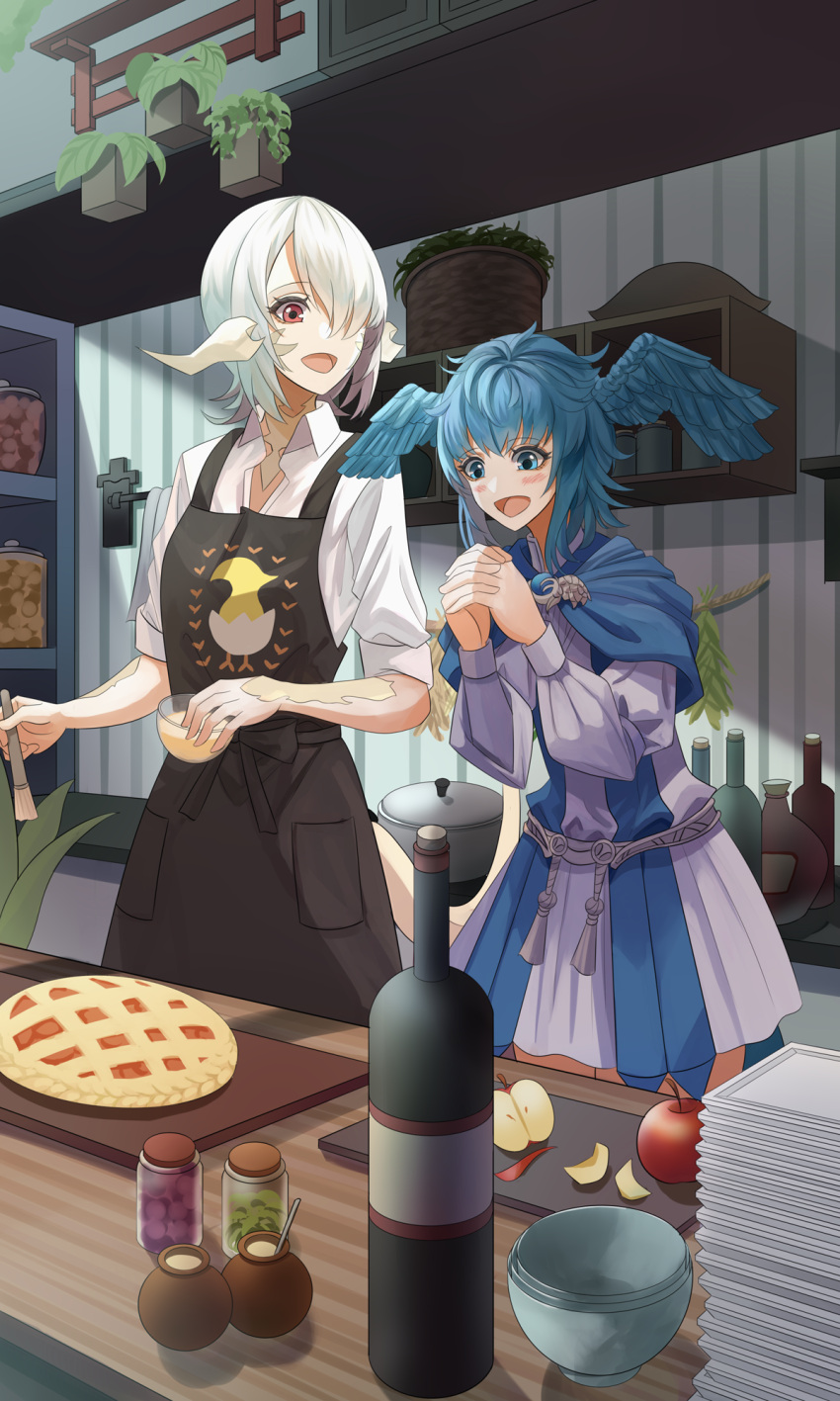 2girls apple apple_slice apron au_ra basting_brush black_apron blue_cape blue_dress blue_feathers blue_hair blush bottle cabinet cape chocobo collar collared_shirt cooking cooking_pot cup cupboard cutting_board dragon_horns dragon_tail dress feathers final_fantasy final_fantasy_xiv flat_chest food fruit hair_over_one_eye head_wings herb_bundle highres holding holding_cup horns interlocked_fingers jar kitchen medium_hair meteion multiple_girls ojiki open_mouth pie plant potted_plant red_eyes scales shirt short_hair sleeves_rolled_up smile table tail tray two-tone_dress warrior_of_light_(ff14) white_collar white_dress white_hair white_shirt wine_bottle wings