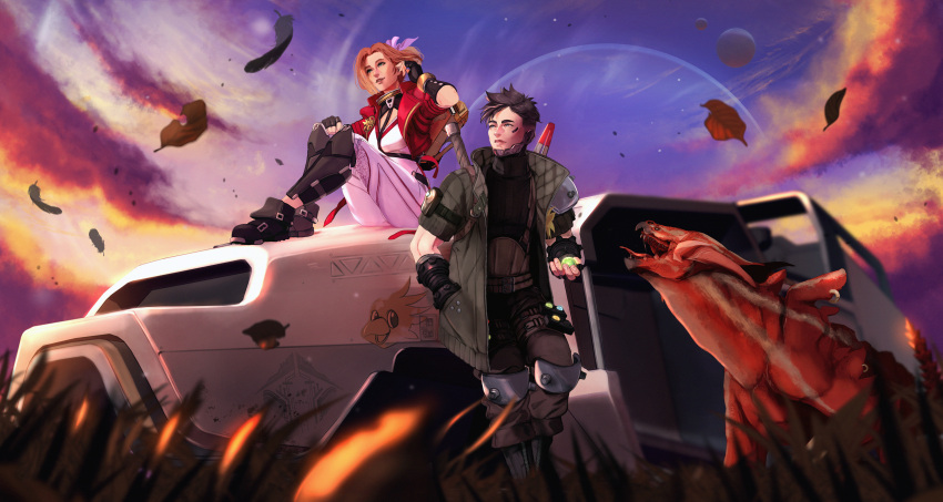 1boy 1girl aerith_gainsborough aerith_gainsborough_(cosplay) apex_legends ball bangle belt black_footwear black_gloves black_hair black_pants black_sweater blue_eyes blurry blurry_foreground bodysuit boots bracelet breasts brown_belt brown_hair chocobo cloud cloud_strife cloud_strife_(cosplay) cloudy_sky coat corsage cosplay creature cropped_jacket crossover crypto_(apex_legends) facial_mark falling_feathers falling_leaves final_fantasy final_fantasy_vii final_fantasy_vii_rebirth final_fantasy_vii_remake fingerless_gloves flower full_body gloves green_eyes grey_coat hair_ribbon hand_in_own_hair hand_in_pocket harness highres holding holding_ball horizon_(apex_legends) ifragmentix jacket jewelry knee_pads leaf leaning_back materia medium_breasts multiple_belts official_art outdoors pants parted_bangs parted_lips pink_bodysuit pink_ribbon prowler_(titanfall) quilted_clothes red_jacket ribbon shin_guards short_hair short_sleeves sitting sky smile suspenders sweater thigh_strap tongue tongue_out turtleneck turtleneck_sweater weapon weapon_on_back yellow_flower
