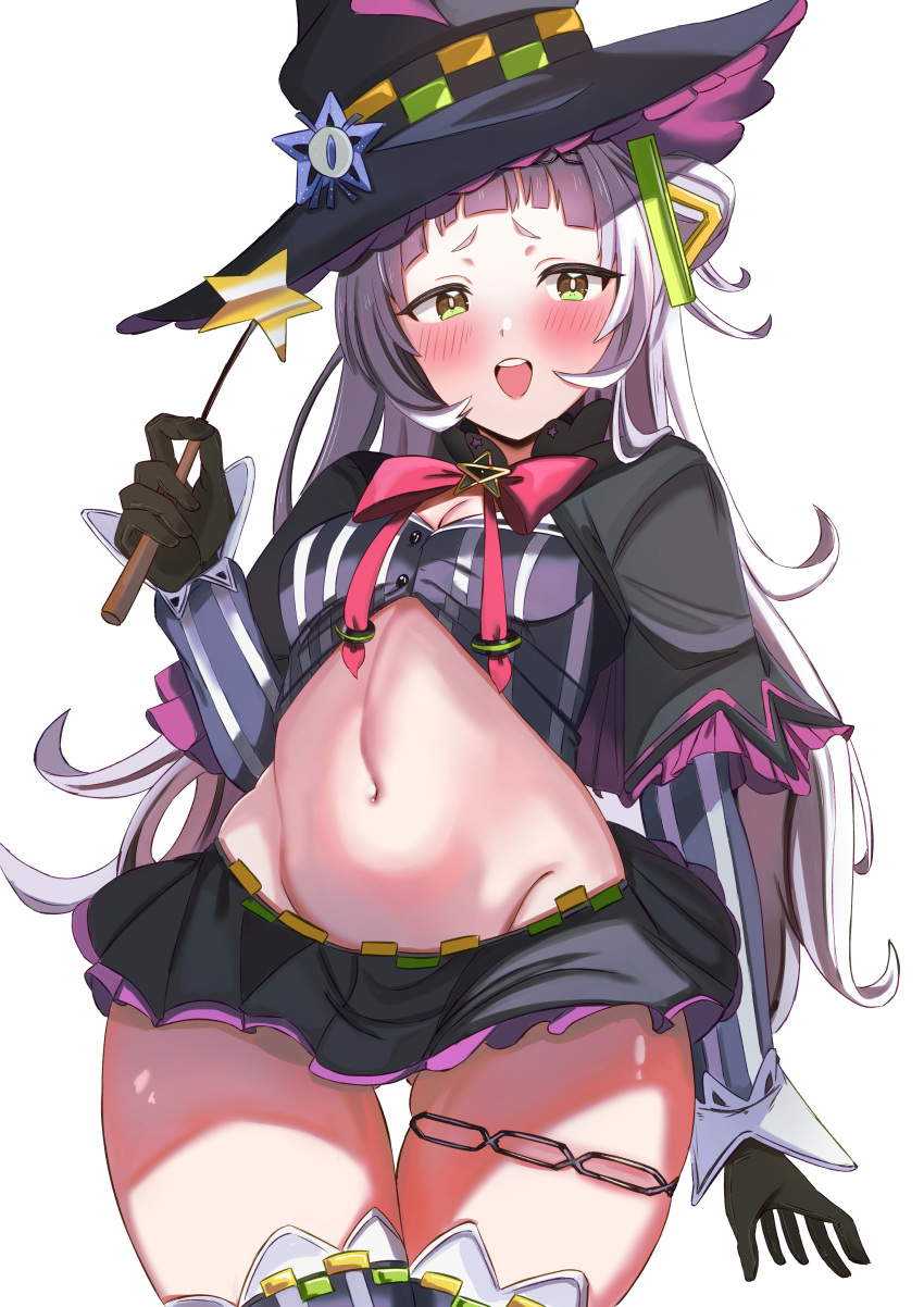 1girl absurdres arched_bangs black_capelet black_gloves black_headwear black_skirt blush breasts capelet cleavage commentary_request cropped_shirt gloves grey_hair grey_shirt grey_thighhighs hair_bun hat highres holding holding_wand hololive long_hair looking_at_viewer microskirt murasaki_shion murasaki_shion_(1st_costume) open_mouth shirt short_eyebrows single_hair_bun skirt small_breasts smile solo striped striped_shirt striped_thighhighs thighhighs vertical-striped_shirt vertical-striped_thighhighs vertical_stripes virtual_youtuber wand white_background witch_hat yellow_eyes yusuharamochi