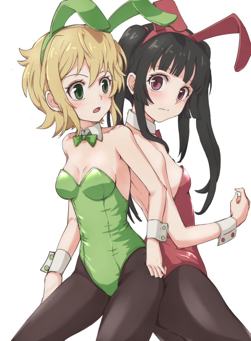 2girls akatsuki_kirika animal_ears asymmetrical_bangs back-to-back bangs bare_shoulders black_hair blonde_hair blunt_bangs blush bracelet breasts buttons cleavage green_eyes green_hairband green_leotard hair_between_eyes hairband highres jewelry leotard long_hair looking_at_viewer medium_hair multiple_girls open_mouth pantyhose playboy_bunny rabbit_ears red_eyes red_hairband red_leotard senki_zesshou_symphogear simple_background suzunarisakuya tsukuyomi_shirabe white_background