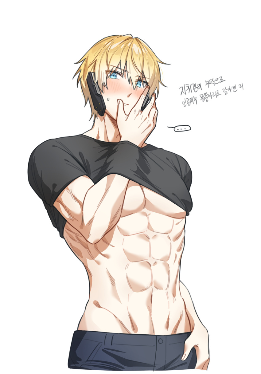 ... 1girl abs bare_pectorals black_pants black_shirt blonde_hair blue_eyes blush clothes_lift commentary_request hair_between_eyes headphones highres lee:_hyperreal_(punishing:_gray_raven) lee_(punishing:_gray_raven) muscular muscular_male myam_(123ab456c) pants pectorals punishing:_gray_raven shirt shirt_lift short_hair short_sleeves solo spoken_ellipsis translation_request white_background