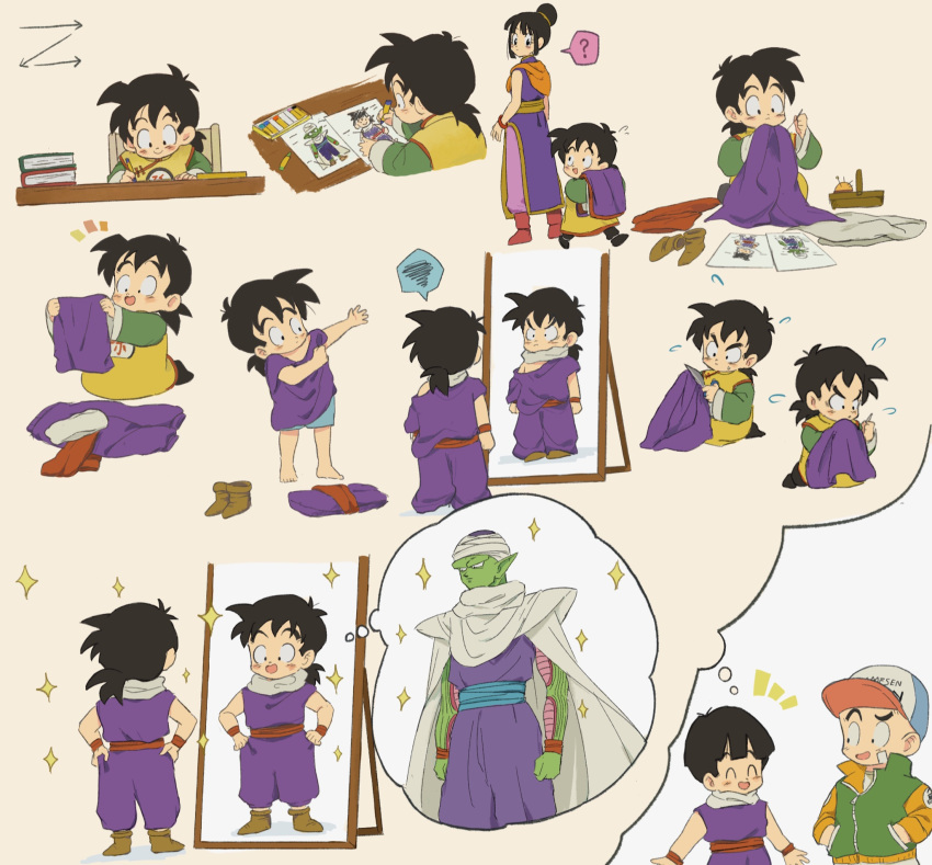 1girl 3boys :d ? ^_^ arrow_(symbol) bandaid bandaid_on_face baseball_cap basket black_footwear black_hair blue_male_underwear blush book boots brown_footwear cape chi-chi_(dragon_ball) child closed_eyes closed_mouth colored_skin commentary_request crayon dougi dragon_ball dragon_ball_z drawing drawing_(object) dress flying_sweatdrops full-length_mirror furrowed_brow green_jacket green_skin hair_bun hands_in_pockets hat highres holding holding_crayon holding_scissors holding_sewing_needle j_ooey jacket kneeling kuririn long_hair long_sleeves looking_at_another low_ponytail male_focus male_underwear mirror mother_and_son multiple_boys multiple_views namekian needle notice_lines open_mouth orange_jacket oversized_clothes pants paper piccolo pincushion pink_pants pointy_ears ponytail purple_dress purple_pants red_footwear red_sash red_wristband reflection sash scissors sewing sewing_needle sewing_pin shoulder_pads simple_background single_hair_bun sitting sleeveless sleeveless_dress smile son_gohan sparkle speech_bubble spoken_question_mark spoken_squiggle squiggle table thought_bubble turban underwear unworn_boots v-shaped_eyebrows white_background white_cape wristband yellow_background zipper zipper_pull_tab