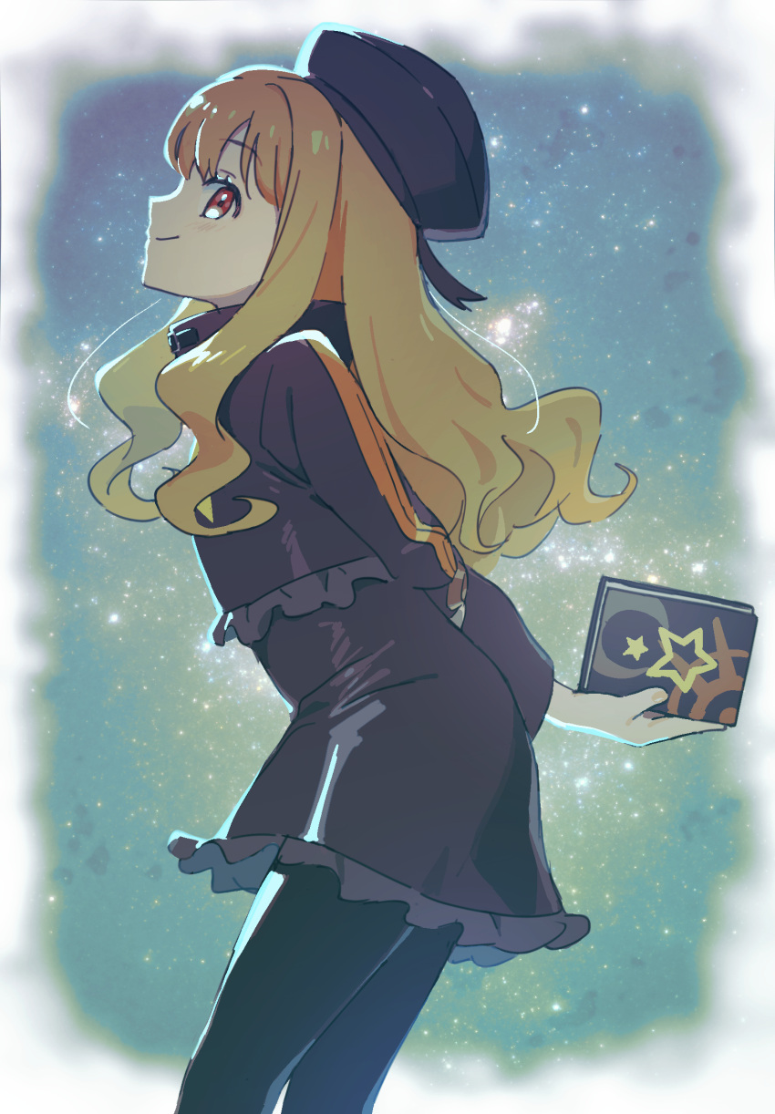 1girl beret black_dress blonde_hair book border cowboy_shot dress from_side hat highres holding holding_book long_hair mya-zawa pantyhose red_eyes sekaiju_no_meikyuu sekaiju_no_meikyuu_3 skirt sky smile solo star_(sky) starry_sky white_border zodiac_(sekaiju) zodiac_4_(sekaiju)