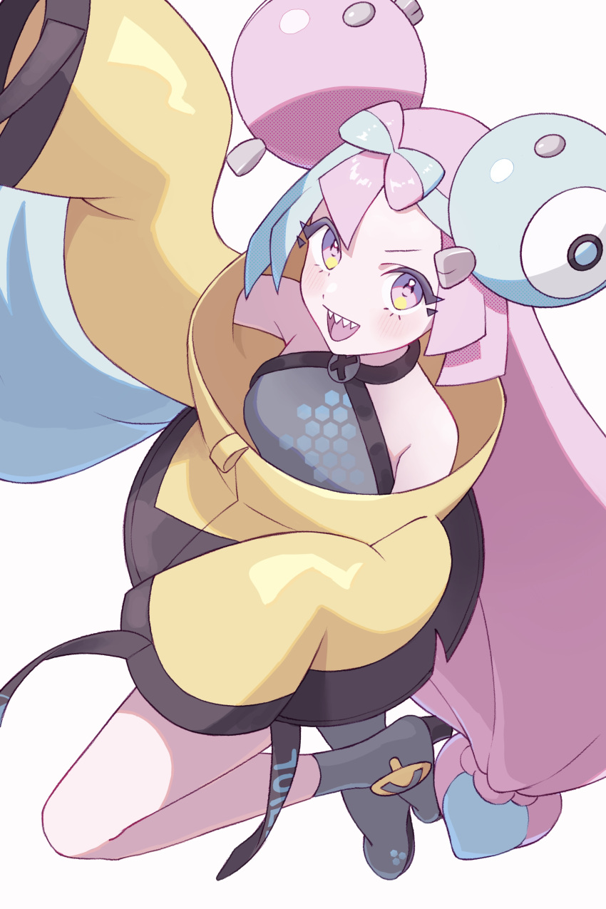 1girl absurdres arms_up blue_hair blush bow-shaped_hair breasts character_hair_ornament foot_up grey_footwear hair_ornament hexagon_print highres iono_(pokemon) jacket long_hair looking_at_viewer multicolored_hair open_mouth oversized_clothes pink_hair pokemon pokemon_sv sharp_teeth sleeves_past_fingers sleeves_past_wrists small_breasts smile solo split-color_hair teeth u_apwe very_long_hair very_long_sleeves white_background x yellow_jacket