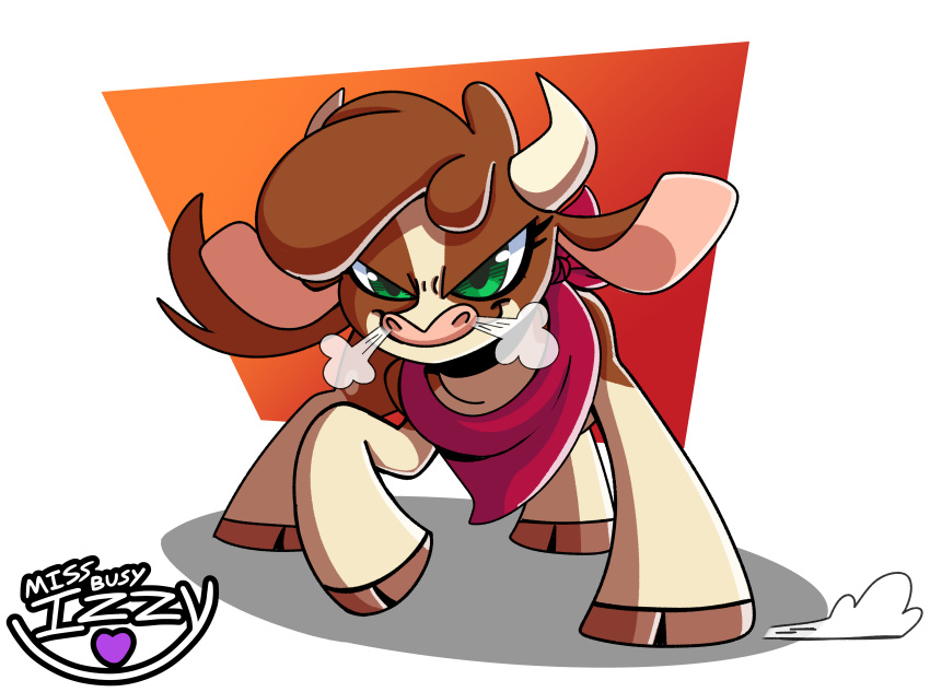 2_horns absurd_res alpha_channel arizona_cow_(tfh) bandanna bovid bovine breath brown_body brown_hair cattle cloven_hooves eyelashes female feral green_eyes hair hi_res hooves horn kerchief mammal pink_nose saucepit_(artist) signature simple_background smile solo them's_fightin'_herds transparent_background