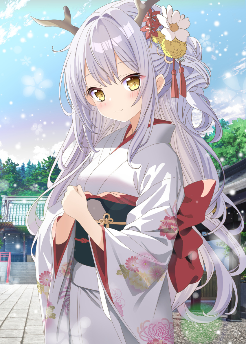 1girl antlers aruka_(alka_p1) blue_sky blush building closed_mouth cloud commentary_request day floral_print flower grey_hair hair_flower hair_ornament highres japanese_clothes kimono long_hair long_sleeves looking_at_viewer obi original outdoors own_hands_together print_kimono railing red_flower sash sky smile solo stairs stone_stairs very_long_hair white_flower white_kimono wide_sleeves yellow_eyes yellow_flower