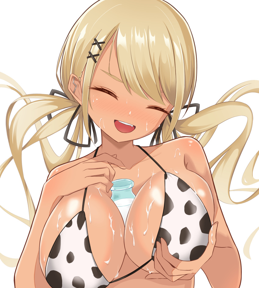 1girl animal_print barbell_piercing between_breasts bikini black_ribbon blonde_hair bottle breasts closed_eyes commentary_request cow_print cow_print_bikini dark-skinned_female dark_skin ear_piercing fang floating_hair grabbing_own_breast gyaru hair_ornament hair_ribbon hhh8_8 highres kaminari_qpi lightning_bolt_piercing long_hair low_twintails milk milk_bottle open_mouth partial_commentary piercing print_bikini ribbon sexually_suggestive simple_background smile solo string_bikini suggestive_fluid swept_bangs swimsuit teeth twintails upper_body upper_teeth_only variant_set virtual_youtuber vspo! white_background x_hair_ornament