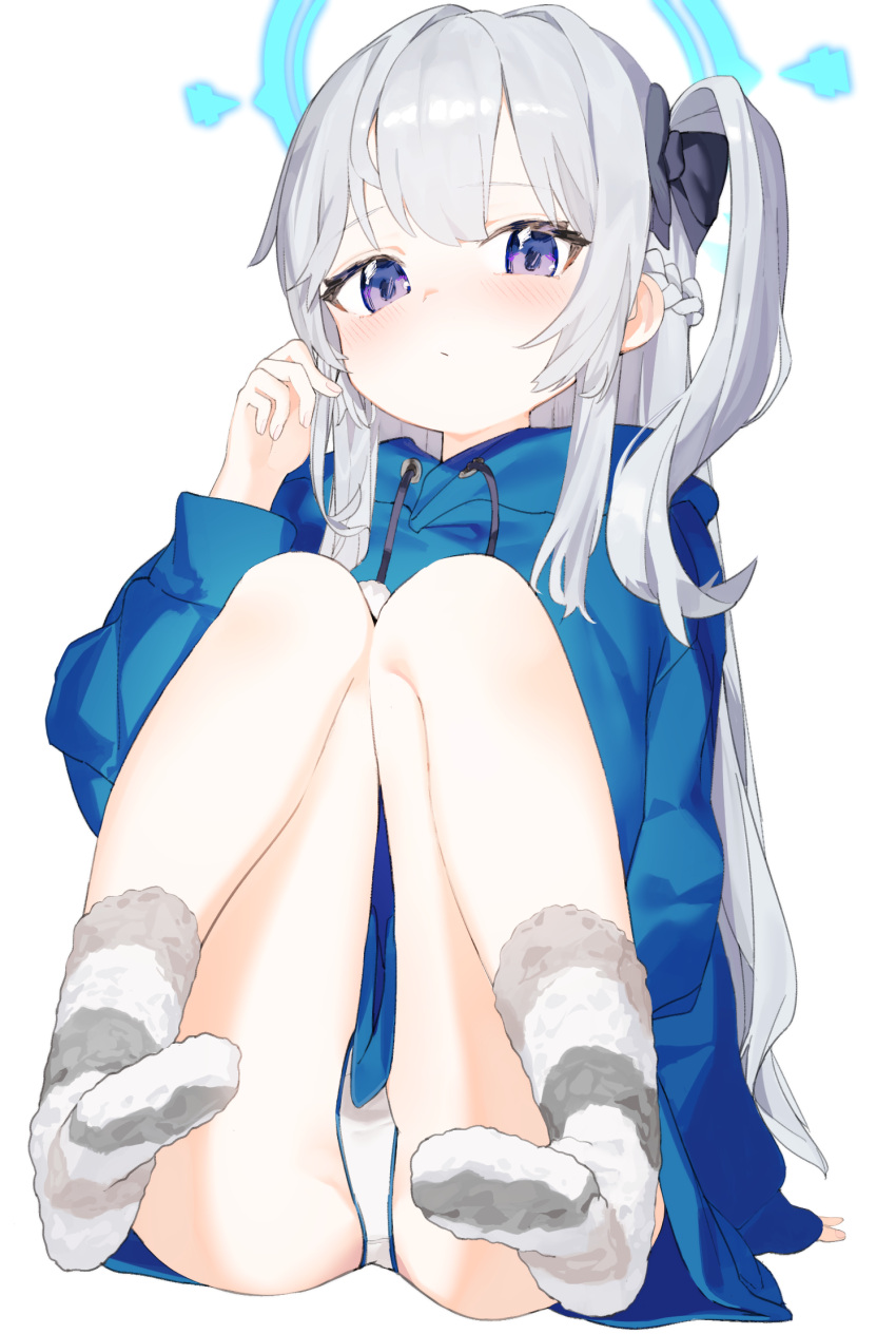 1girl ass blue_archive blue_halo blue_hoodie blush braid closed_mouth commentary_request grey_hair halo highres hood hoodie idemitsu knees_together_feet_apart knees_up legs long_hair long_sleeves looking_at_viewer miyako_(blue_archive) no_shoes official_alternate_costume one_side_up panties purple_eyes socks soles solo striped striped_socks underwear white_panties