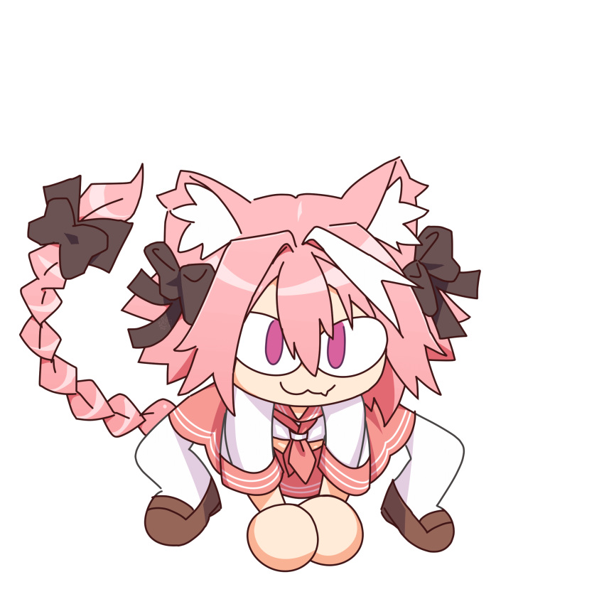 &lt;|&gt;_&lt;|&gt; :3 animal_ear_fluff animal_ears astolfo_(fate) astolfo_(sailor_paladin)_(fate) black_bow bow braid cat_ears fang fate/apocrypha fate/grand_order fate_(series) fusion hair_bow hair_intakes hair_ribbon highres long_braid long_hair looking_at_viewer male_focus melty_blood multicolored_hair neco-arc neco_spirit official_alternate_costume otoko_no_ko pink_hair pink_sailor_collar purple_eyes red_sailor_collar ribbon sailor_collar school_uniform serafuku single_braid skin_fang skirt smile solo streaked_hair thighhighs transparent_background tsukihime type-moon white_hair zomochikun