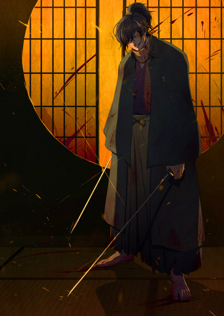 1boy absurdres barefoot beard_stubble black_hair blood blood_on_clothes blood_on_weapon blood_splatter bloody_handprints cloak commentary_request dual_wielding fate/grand_order fate_(series) full_body glint green_hakama grin hair_over_one_eye hakama hakama_pants high_ponytail highres holding holding_sword holding_weapon implied_murder indoors japanese_clothes katana kimono looking_at_viewer male_focus mizuna237 narrowed_eyes okada_izou_(fate) open_cloak open_clothes pants purple_kimono round_window scarf short_hair short_ponytail shouji sliding_doors smile solo standing sword tatami weapon window yellow_eyes yellow_scarf