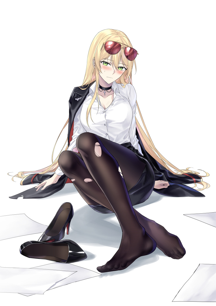1girl absurdres barefoot black_jacket black_skirt blonde_hair blush breasts broken_eyewear choker cleavage closed_mouth collarbone collared_shirt cross cross_choker english_commentary eyewear_on_head feet fingernails girls'_frontline green_eyes hair_between_eyes high_heels highres jacket jacket_on_shoulders large_breasts long_hair long_sleeves looking_at_viewer no_shoes pantyhose paper shirt shirt_tucked_in shoes simple_background sitting skirt solo stg44_(detective's_sidekick)_(girls'_frontline) stg44_(girls'_frontline) sunglasses suprii sweatdrop toenails toes torn_clothes unworn_shoes white_background white_shirt