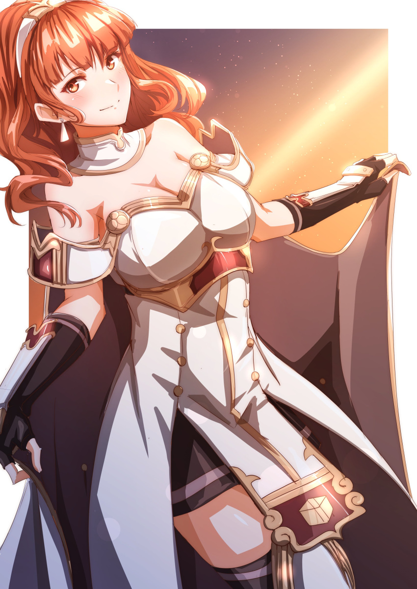 1girl absurdres black_gloves blush breasts celica_(fire_emblem) cleavage closed_mouth commentary dress earrings fingerless_gloves fire_emblem fire_emblem_echoes:_shadows_of_valentia gloves gold_trim hairband highres jewelry long_hair looking_at_viewer medium_breasts orange_eyes revision smile solo strapless strapless_dress to_(tototo_tk) wavy_hair white_dress white_hairband