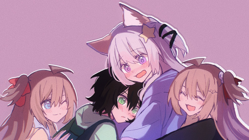 1boy 3girls :d ahoge animal_ears annytf black_cardigan black_hair blue_eyes blue_jacket blush bow broken_heart_hair_ornament cardigan closed_eyes english_commentary evil_neuro-sama family fox_ears fox_girl green_eyes green_hoodie grey_hair hair_between_eyes hair_bow hair_ornament hair_tie hairclip highres hood hoodie hug indie_virtual_youtuber jacket light_blue_jacket light_brown_hair long_hair multiple_girls neuro-sama nose_blush one_eye_closed pinkpink939 purple_background purple_eyes red_bow short_hair siblings smile star_(symbol) star_hair_ornament twins two_side_up virtual_youtuber wavy_mouth yellow_cardigan