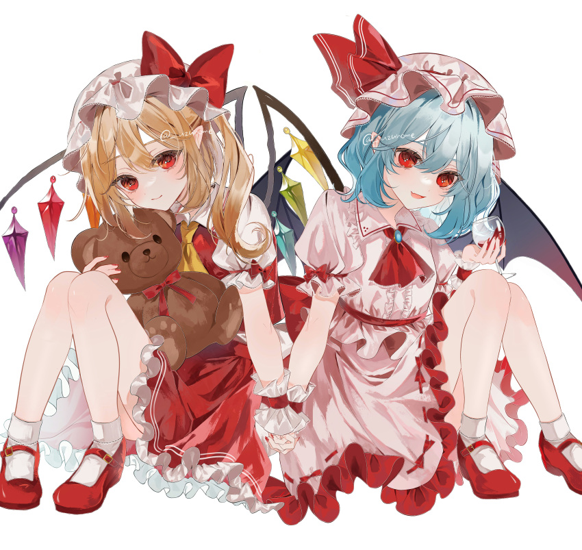 2girls absurdres ascot bat_wings blonde_hair blue_hair bow crystal dress flandre_scarlet frills hat hat_ribbon highres holding holding_hands holding_toy laevatein_(touhou) looking_at_viewer mob_cap multicolored_wings multiple_girls one_side_up open_mouth pink_headwear puffy_short_sleeves puffy_sleeves red_ascot red_eyes red_footwear red_skirt red_vest remilia_scarlet ribbon shirt short_hair short_sleeves siblings side_ponytail simple_background sisters sitting skirt skirt_set smile stuffed_animal stuffed_toy teddy_bear touhou toy uzmee vest white_background white_headwear wings wrist_cuffs yellow_ascot