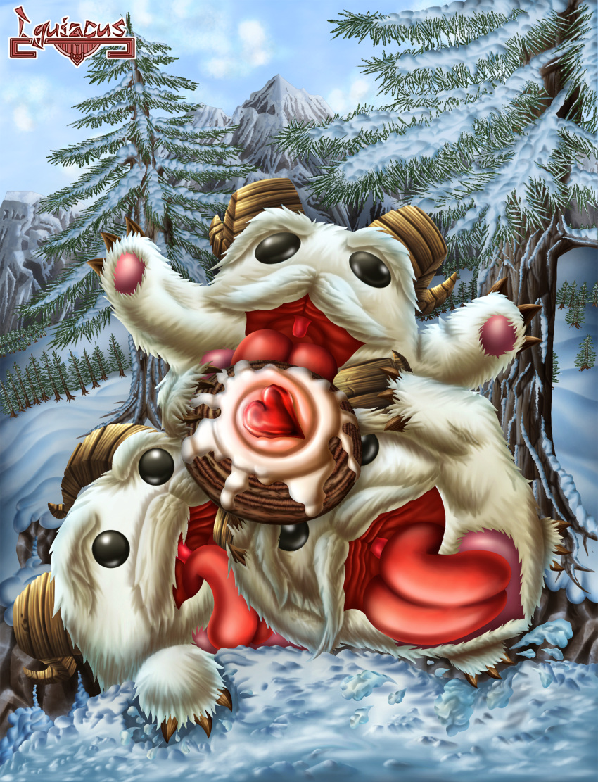 absurd_res ambiguous_gender black_eyes claws evergreen_tree facial_hair feral fur group happy hi_res horn league_of_legends mountain mustache pine_tree plant poro poro_(lol) porosnack riot_games snow spanish_description tongue tongue_out tree trio white_body white_fur