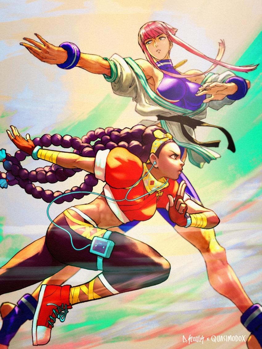 2girls aqua_hair battle belt black_belt black_hair black_pants blue_socks blue_unitard bow_hairband bracer breasts brown_lips colored_tips commentary converse cropped_jacket dark_skin david_liu dodging dougi earbuds earphones english_commentary fighting fingerless_gloves forehead gloves green_eyes hairband halterneck highres hip_vent impossible_clothes kimberly_jackson kuji-in large_breasts long_hair martial_arts_belt medallion midriff multi-tied_hair multicolored_hair multiple_girls neckerchief ninja off_shoulder pants pink_hair puffy_short_sleeves puffy_sleeves punching quad_braids red_footwear running shoes short_hair_with_long_locks short_sleeves skin_tight small_breasts smartwatch sneakers socks street_fighter street_fighter_6 toeless_legwear toned unitard very_dark_skin walkman watch wristwatch yellow_hairband yellow_neckerchief yoga_pants