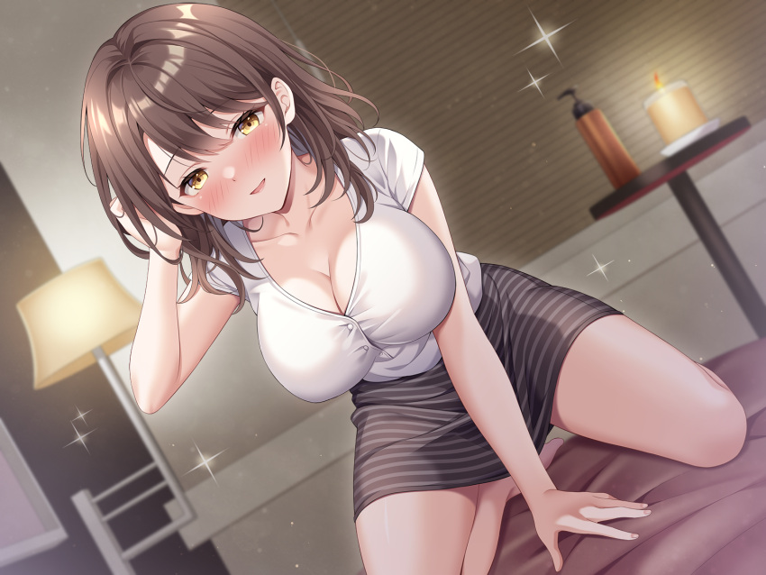 1girl barefoot bed black_skirt blonde_hair blush breasts brown_eyes brown_hair candle cleavage collarbone hand_in_own_hair highres indoors kneeling lamp large_breasts looking_at_viewer medium_hair non-web_source on_bed open_mouth original shirt short_sleeves skirt smile solo sparkle striped striped_skirt suzumia_(daydream) taut_clothes taut_shirt white_shirt
