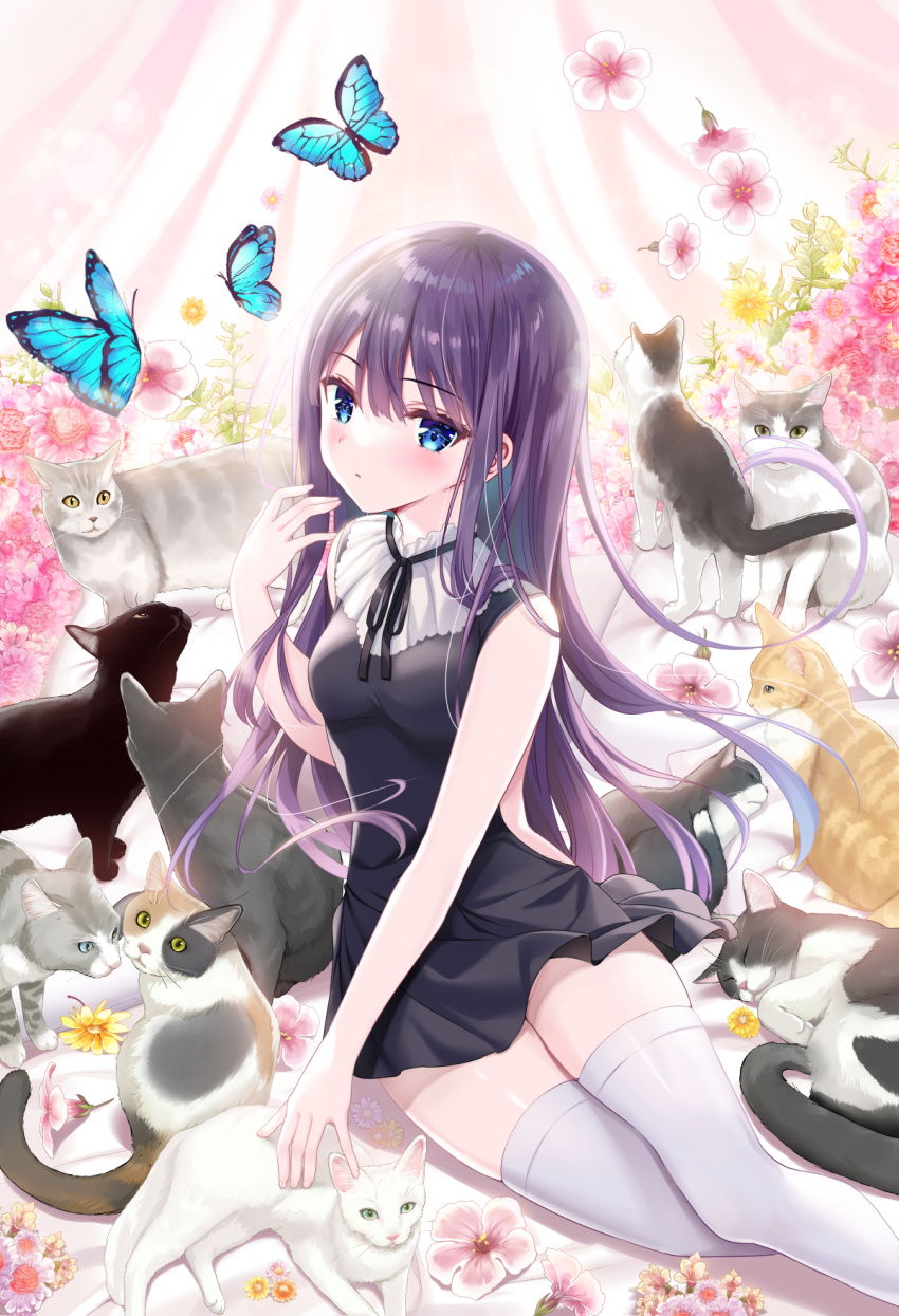 1girl black_cat black_dress blue_eyes bug butterfly calico cat closed_mouth dress feet_out_of_frame flower green_eyes grey_cat hand_in_own_hair highres long_hair looking_at_viewer original pink_flower purple_hair shiwasu_horio sleeveless sleeveless_dress smile thighhighs white_cat white_thighhighs yellow_eyes yellow_flower