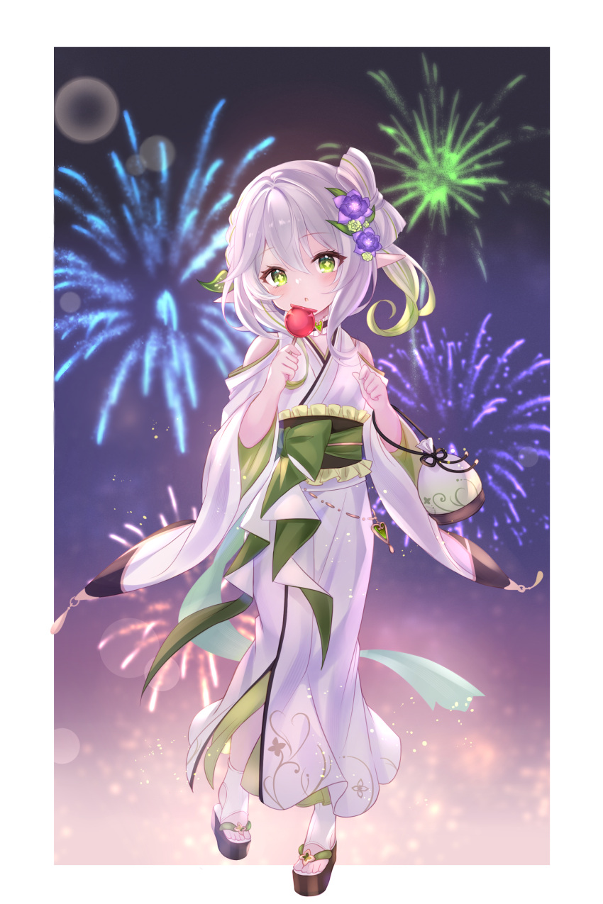 1girl absurdres aerial_fireworks alternate_costume blush candy_apple chage_(chage_00) clothing_cutout collar collarbone fireworks flower flower-shaped_pupils food full_body genshin_impact gradient_hair green_eyes green_hair hair_flower hair_ornament highres holding japanese_clothes kimono long_hair long_sleeves looking_at_viewer multicolored_hair nahida_(genshin_impact) night night_sky obi okobo pointy_ears pouch print_kimono purple_flower sandals sash shoulder_cutout side_ponytail simple_background sky solo stirrup_legwear symbol-shaped_pupils toeless_legwear walking white_hair white_kimono wide_sleeves