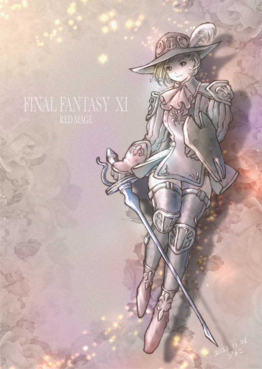1girl 2022 adventurer_(ff11) artist_name ascot black_gloves black_thighhighs blonde_hair closed_mouth copyright_name dated drop_shadow final_fantasy final_fantasy_xi full_body gloves hat hat_feather highres holding holding_sword holding_weapon hume piyoco red_ascot red_eyes red_footwear red_mage shield short_hair solo sword thighhighs weapon