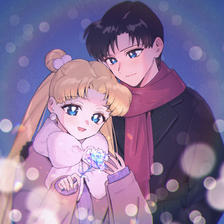 1boy 1girl arm_around_shoulder bishoujo_senshi_sailor_moon black_coat black_gloves black_hair blonde_hair blue_background blue_eyes blurry blurry_foreground bow brown_coat chiba_mamoru closed_mouth coat couple double_bun earrings flower gloves hair_bobbles hair_bun hair_ornament hetero highres holding holding_flower jewelry light_blush long_hair long_sleeves open_mouth parted_bangs pink_bow purple_sweater red_scarf scarf short_hair smile sweater tsukino_usagi twintails upper_body winter_clothes winter_coat yyemoyy