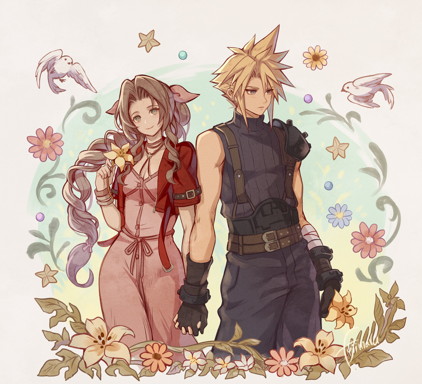 1boy 1girl aerith_gainsborough armor artist_name bandaged_arm bandages bangle belt bird black_gloves blonde_hair blue_flower blue_pants blue_shirt bracelet braid braided_ponytail breasts brown_belt brown_hair buttons choker cleavage closed_mouth cloud_strife cowboy_shot cropped_jacket dove dress final_fantasy final_fantasy_vii final_fantasy_vii_remake flower flower_choker fujimaru_(green_sparrow) gloves green_eyes hair_between_eyes hair_ribbon highres holding holding_flower holding_hands interlocked_fingers jacket jewelry light_blush lily_(flower) long_dress long_hair looking_at_viewer looking_to_the_side medium_breasts multiple_belts pants parted_bangs pink_dress pink_flower pink_ribbon red_jacket ribbon shirt short_hair short_sleeves shoulder_armor sidelocks signature single_bare_shoulder single_braid single_shoulder_pad sleeveless sleeveless_turtleneck smile spiked_hair star_(symbol) suspenders turtleneck wavy_hair yellow_flower