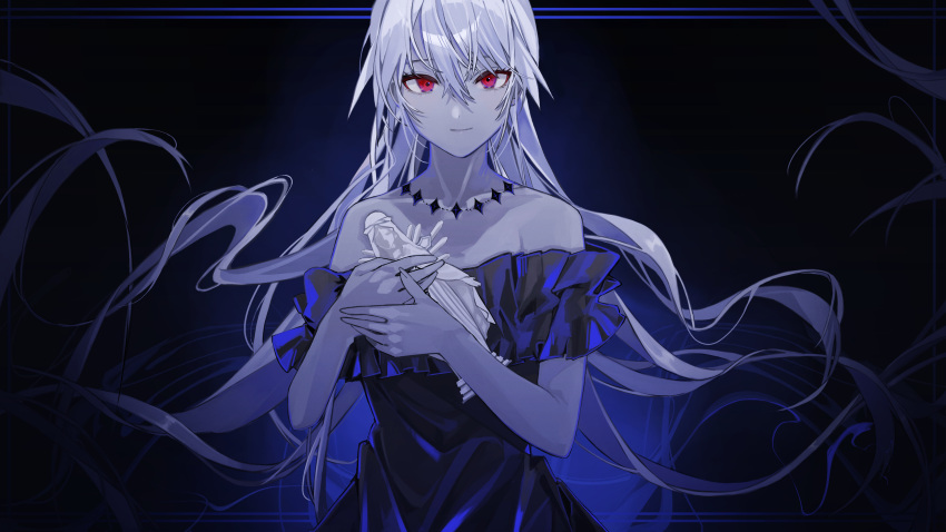 absurdres bare_shoulders black_dress blue_dress closed_mouth commission dress gradient_background hair_between_eyes highres holding_statuette jewelry long_hair looking_at_viewer necklace original red_eyes solo statuette teizen_(niwamaee) very_long_hair white_hair