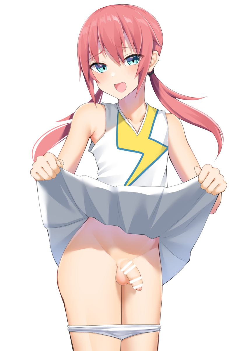 1boy aqua_eyes bar_censor blush censored cheerleader clothes_lift collarbone cowboy_shot crossdressing flaccid highres inazuma_eleven_(series) kirino_ranmaru kitajima_yuuki long_hair looking_at_viewer miniskirt navel open_mouth otoko_no_ko panties panty_pull penis pink_hair pleated_skirt shirt simple_background skirt skirt_lift sleeveless sleeveless_shirt small_penis solo testicles twintails two-tone_shirt underwear variant_set white_background white_panties