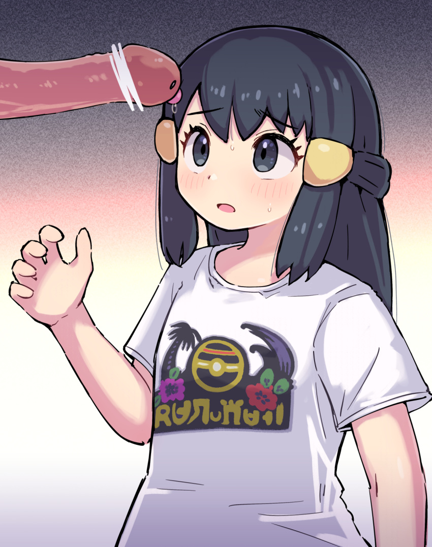 1girl :o akari_(pokemon) bar_censor black_hair blush censored character_censor commentary_request diglett eyelashes grey_eyes hair_ornament hairclip hand_up highres kutabireta_neko long_hair novelty_censor open_mouth penis pokemon pokemon_legends:_arceus print_shirt raised_eyebrows shirt short_sleeves sidelocks sweat t-shirt upper_body white_shirt