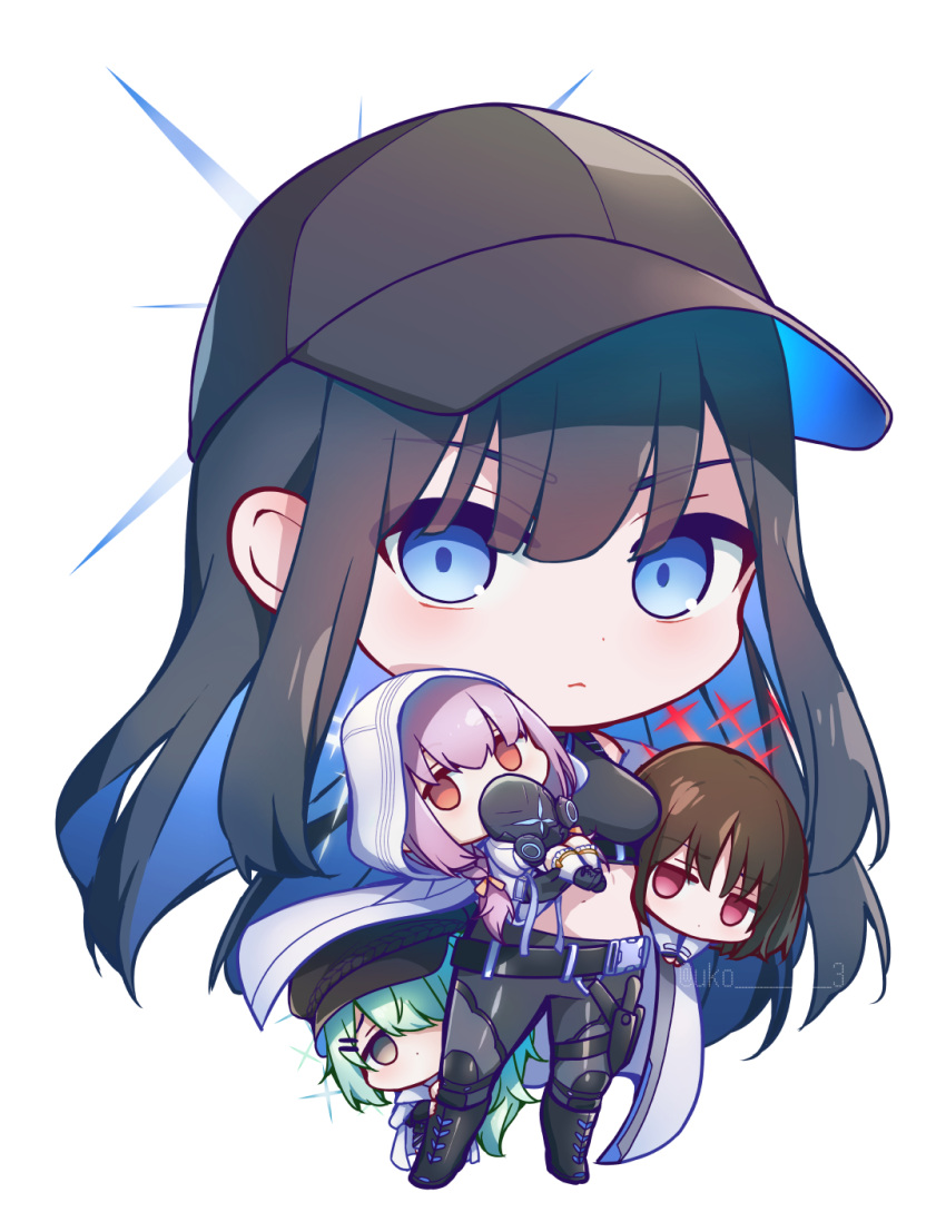 4girls arius_squad_(blue_archive) atsuko_(blue_archive) baseball_cap black_hair black_headwear black_pants black_shirt blue_archive blue_eyes blue_hair breasts carrying carrying_person chibi closed_mouth coat colored_inner_hair green_hair hair_over_one_eye halo hat highres hiyori_(blue_archive) hood hood_up hooded_coat long_hair looking_at_viewer medium_breasts midriff misaki_(blue_archive) multicolored_hair multiple_girls pants peeking_out purple_hair red_eyes saori_(blue_archive) shirt simple_background standing uko_magi white_background white_coat